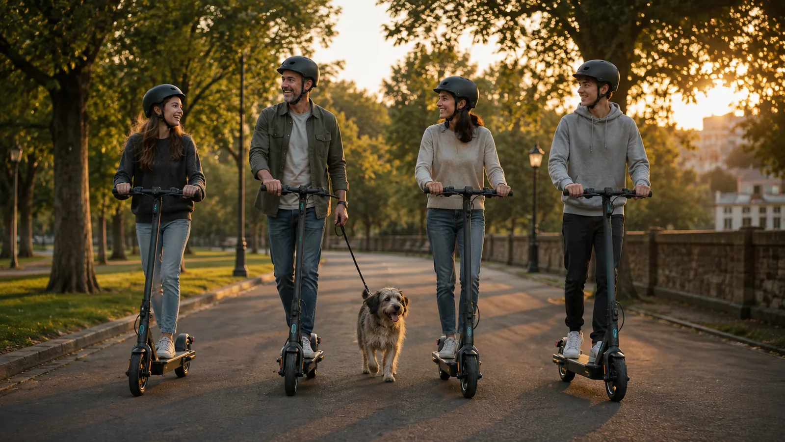 Personas circulando en patinete eléctrico con casco