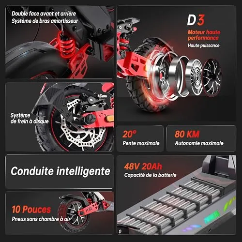 D3Patinete Eléctrico para Adultos,Neumáticos Confort de 10 P
